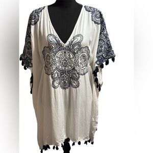 Nanette Lepore Swim Cover Up White Blue Embroidery/Tassels Women’s Size X-Small